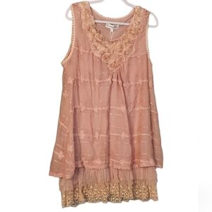 Pretty Angel Dress Womens Size  L Pink Linen Blend Ruffle Lace A Line Classic